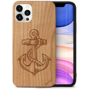 Custodia in legno per iPhone, custodia in legno nera con incisione di ancora per iPhone 16, 15, 14, 13, 12, 11 Pro Max Plus, gancio nautico, custodia in legno di ciliegio per iPhone X XR SE