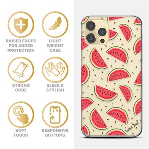 Pu&ograve; includere: Una custodia per telefono trasparente con un motivo a cocomero. La custodia ha bordi rialzati per una maggiore protezione ed &egrave; leggera. La custodia &egrave; compatibile con i modelli iPhone.