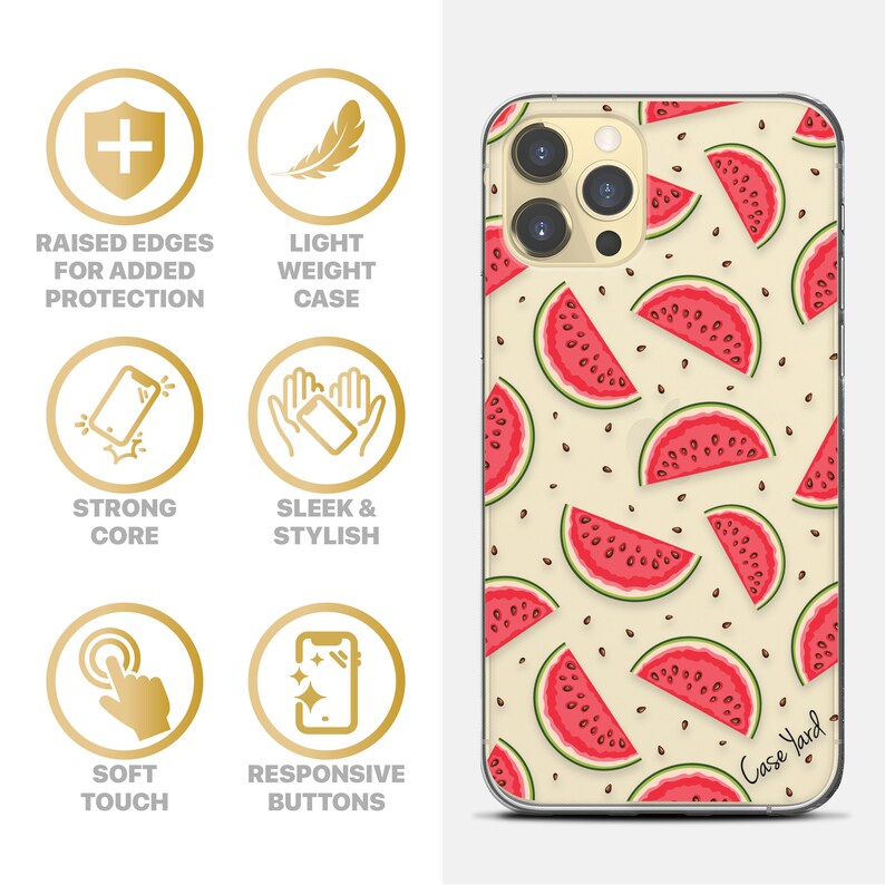 Pu&ograve; includere: Una custodia per telefono trasparente con un motivo a cocomero. La custodia ha bordi rialzati per una maggiore protezione ed &egrave; leggera. La custodia &egrave; compatibile con i modelli iPhone.