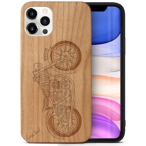 iPhone Wood Case, Retro Motorcycle iPhone 16 15 14 13 12 11 Pro Max Plus Black Wooden Case, Engraved Big Bike Cherry Wood iPhone XR SE Case