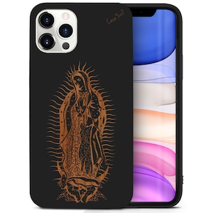 iPhone Holzhülle, Jungfrau Maria iPhone 16 15 14 13 12 11 Pro Max Plus Schwarz Holzhülle, graviertes katholisches Kirschholz iPhone X XR SE Gehäuse
