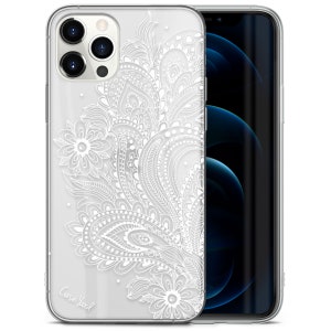 iPhone Clear Case, White Flower Paisley 15 14 13 12 11 Plus Pro Max Mini TPU Case, Samsung Galaxy S21 S22 Ultra Case, Premium iPhone Case