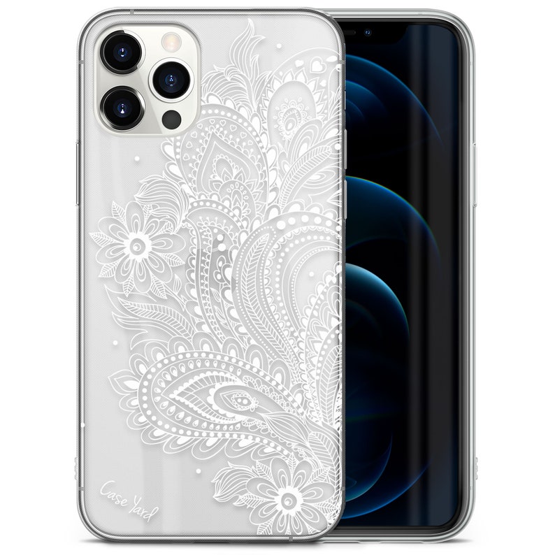 iPhone Clear Case, iPhone 12 Pro Max 11 Pro Max Xsmax Xs Xr X 8 Plus 8+ Samsung S10 Plus Edge S9 S8 Protective Cover, White Flower Paisley 