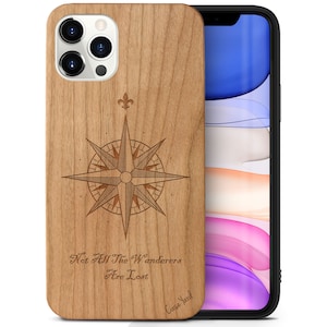 iPhone Wood Case, Travel Compass iPhone 16 15 14 13 12 11 Pro Max Plus Black Wooden Case, Engraved Wanderers Cherry Wood iPhone X XR SE Case