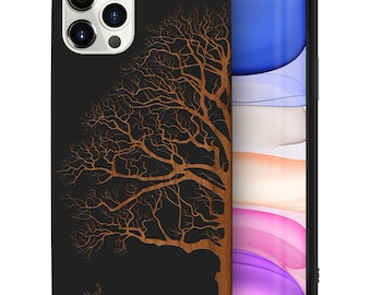 iPhone Wood Case, Half Tree Art iPhone 16 15 14 13 12 11 Pro Max Plus Black Wooden Case, Engraved Design Cherry Wood iPhone X XR XS SE Case