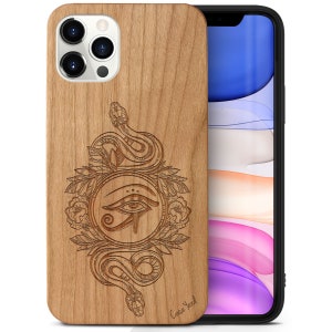 Custodia in legno per iPhone, Occhio di Horus per iPhone 16 15 14 13 12 11 Pro Max Plus Custodia in legno nero, Custodia in legno di ciliegio con occhio di Ra inciso per iPhone X SE
