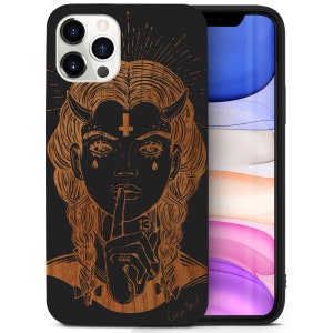 iPhone Wood Case, Demon Girl iPhone 16 15 14 13 12 11 Pro Max Plus Black Wooden Case, Engraved Gothic Woman Cherry Wood iPhone X XR SE Case