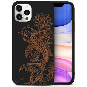 iPhone Wood Case, Koi Fish iPhone 16 15 14 13 12 11 Pro Max Plus Black Wooden Case, Engraved Flowers Cherry Wood iPhone X XR XS SE Casing