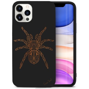 iPhone Wood Case, Tarantula Mandala iPhone 16 15 14 13 12 11 Pro Max Plus Black Wooden Case, Engraved Spider Cherry Wood iPhone X XR SE Case