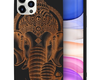 iPhone Wood Case, Ganesh Head iPhone 16 15 14 13 12 11 Pro Max Plus Black Wooden Case, Engraved Ganesha Cherry Wood iPhone X XR XS SE Casing