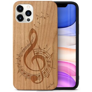 iPhone Wood Case, Music Notes iPhone 16 15 14 13 12 11 Pro Max Plus Black Wooden Case, Engraved G-clef Note Cherry Wood iPhone X XR SE Case