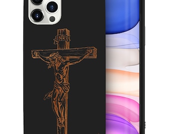 iPhone Wood Case, Jesus Crucifixion iPhone 16 15 14 13 12 11 Pro Max Plus Black Wooden Case, Engraved Cross Cherry Wood iPhone X XR SE Case