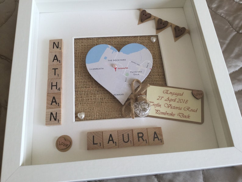 honeymoon location personalised gift Engagement gift Engagement Personalised map gift scrabble frame Heart map wedding gift