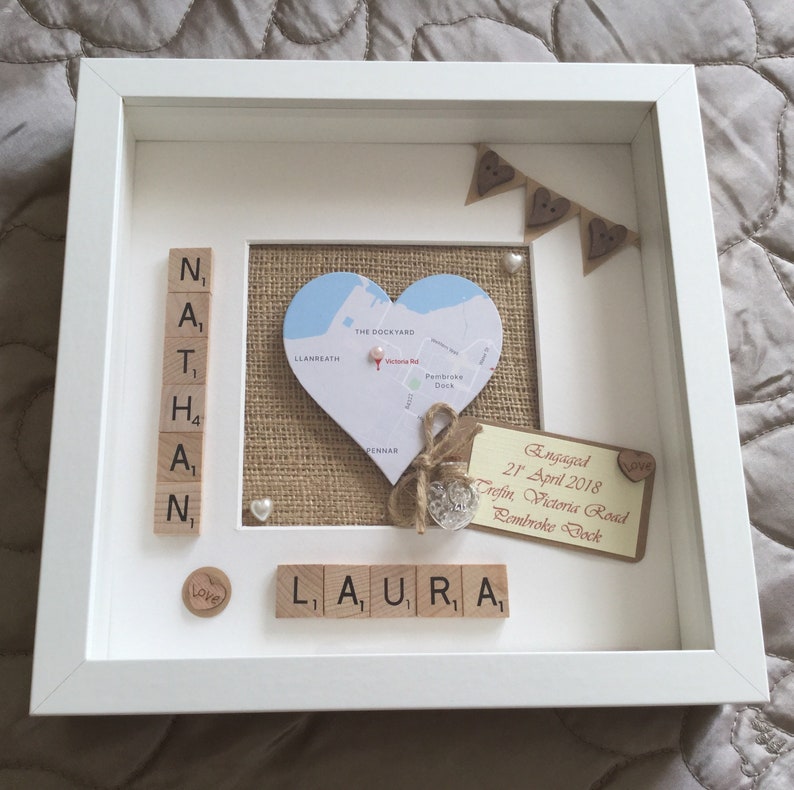 honeymoon location personalised gift Engagement gift Engagement Personalised map gift scrabble frame Heart map wedding gift
