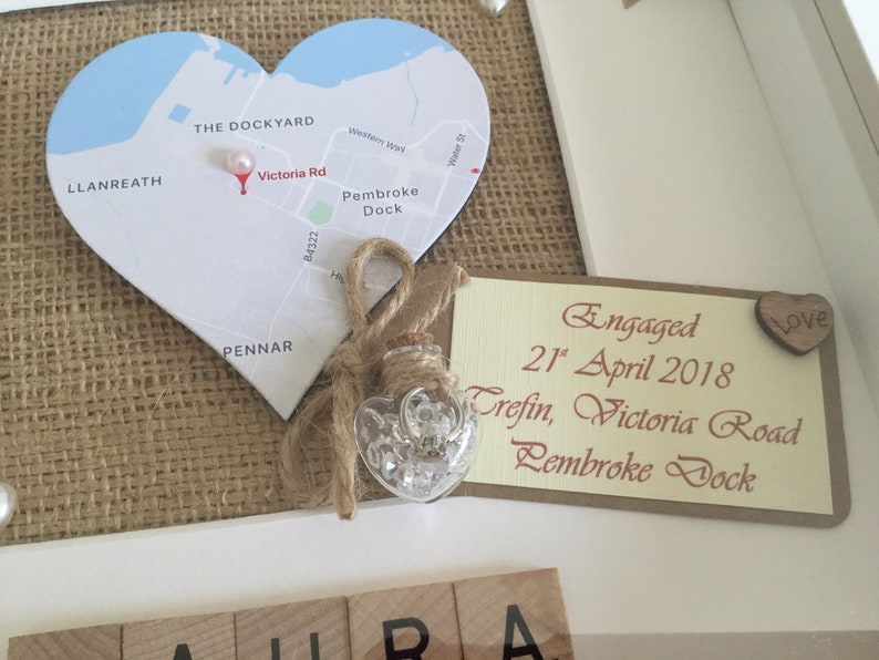 honeymoon location personalised gift Engagement gift Engagement Personalised map gift scrabble frame Heart map wedding gift