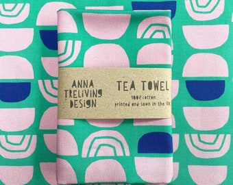 Patterned Cotton Tea Towel, Colourful Tea Towel, Semi Circle geometric pattern towel, Anna Treliving Tea Towel