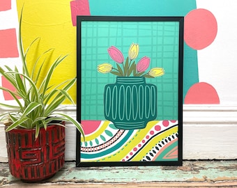 Abstract floral bouquet Art Print, Colourful tulip A4 Wall Art in turquoise, Anna Treliving flower and retro vase poster,