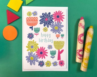 Flower illustration birthday card, Colourful A6 botanical notecard, Folky floral birthday card, Anna Treliving Design card