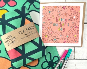 Mothers Day Card and Tea Towel Gift Set, Colourful Card and present for Mum