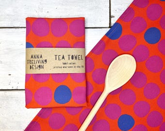 Pink Circles Cotton Tea Towel, Colourful Tea Towel, Anna Treliving Kitchen Towel