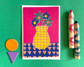 Flower illustration card, Pink and Blue A6 botanical notecard, Floral bouquet in retro vase, Anna Treliving Design card