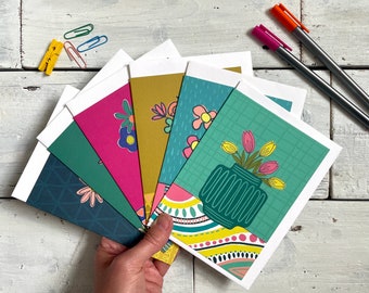 Set of 6 Floral cards, 6 colourful flower cards, Anna Treliving cards