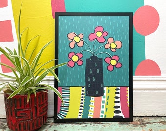 Abstract floral bouquet Art Print, Colourful tulip A4 Wall Art in turquoise, Anna Treliving flower and retro vase poster,