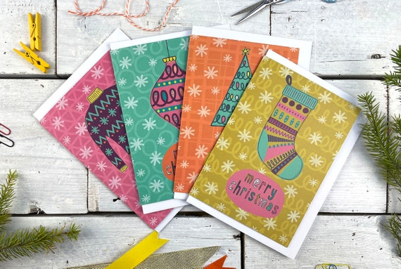 Set of 8 colourful A6 Christmas cards, Recycled Christmas Cards