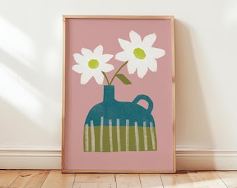 Pink Floral Print, Flowers in teal vase, Anna Treliving Design