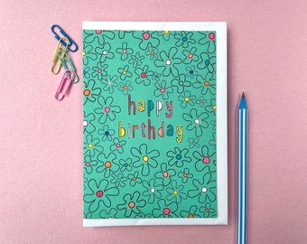 Happy Birthday Card, Hand drawn flowers illustration card, Anna Treliving Card