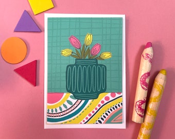 Tulip illustration card, Turquoise A6 botanical notecard, Flower bouquet in retro vase, Anna Treliving Design card