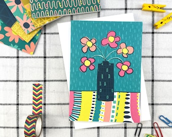 Floral illustration card, A6 botanical notecard, Floral bouquet in retro vase,