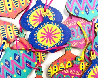 SECONDS Printed wooden Christmas decoration, colourful Christmas bauble, Anna Treliving Super Seconds