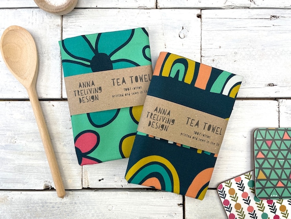 Set of 2 Colourful Tea Towels, Patterned Cotton Tea Towels