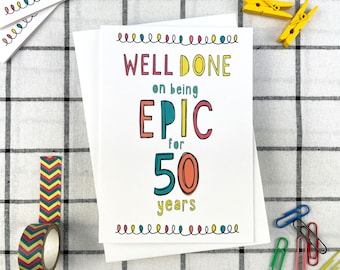 50th Birthday Card, Colourful typography card, Gender Neutral 50th Birthday Card