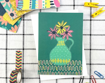 Floral illustration card, A6 floral botanical notecard, Floral bouquet in green jug card,