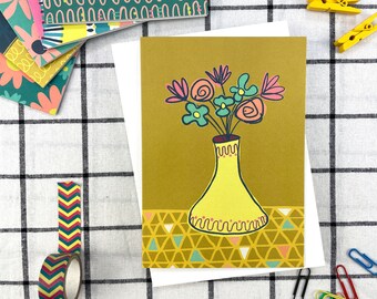 Floral illustration card, A6 botanical notecard, Floral bouquet in mustard vase,