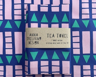 Geometric Pattern Cotton Tea Towel, Colourful Tea Towel, Anna Treliving Blue Tea Towel