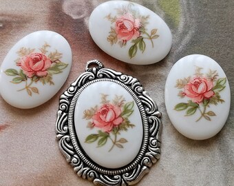 Limoges Cabochons Rose Cabochon Japanese cabochon 6Pcs Yellow Rose on White Decal Japanese porcelain 10x8mm cabochons