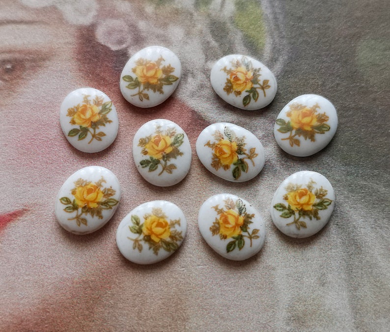Limoges Cabochons Rose Cabochon Japanese cabochon 6Pcs Yellow Rose on White Decal Japanese porcelain 10x8mm cabochons
