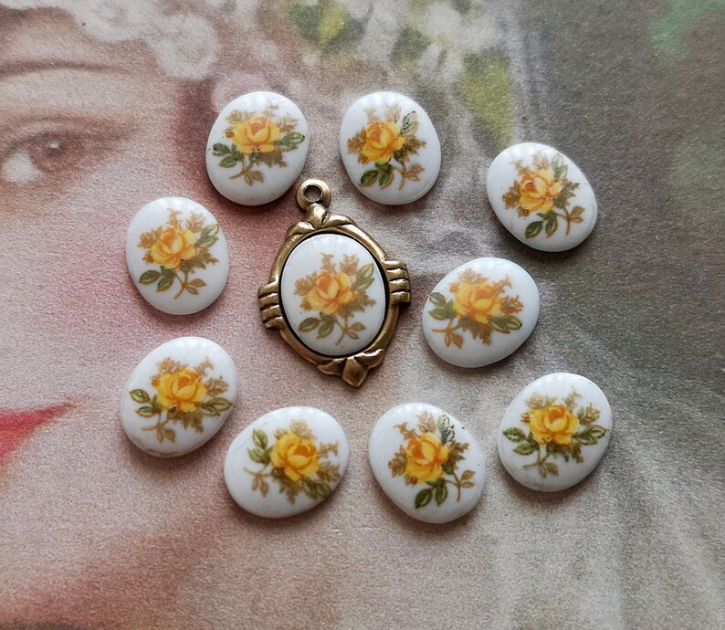 Limoges Cabochons Rose Cabochon Japanese cabochon 6Pcs Yellow Rose on White Decal Japanese porcelain 10x8mm cabochons