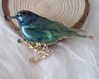 Brooch blue/green bird, Birdlover, Lovely brooch bird, Nature lover, Brooch enamel, broche forest singer, sieraad vogelliefhebber