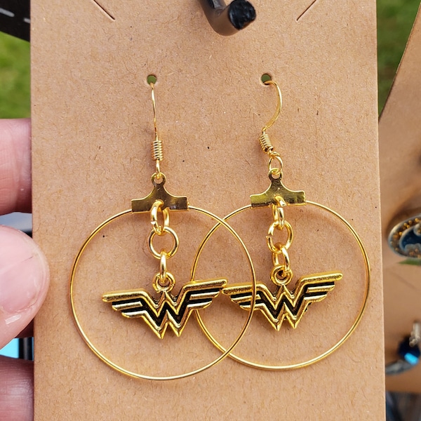 Handmade Wonder Woman Logo Earrings in a hoop, DC Heros