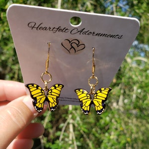Butterfly Open Wing Dangles Yellow with white and black accents