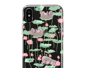 Hippo, lotus, Clear Soft Phone Case, iPhone full series, Samsung, iphone 14