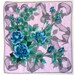 Blue Roses with Mesh Ribbon on Pink Background - vintage ladies' handkerchief, hankie, hanky, flowers, Fisba. Swiss-made, H50