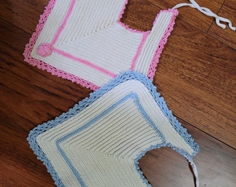 Vintage Hand Crocheted twin baby bibs boy and girl pink blue