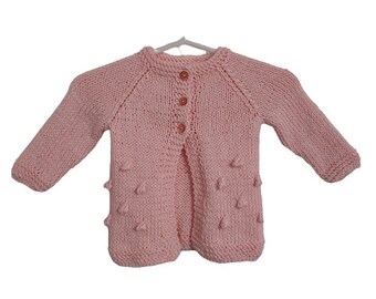 Pink cotton knit baby cardigan vintage buttons bobble stitch call the midwife handmade newborn keepsake