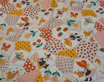 Vintage Sunbonnet Sue Patchwork fabric with mushrooms 1960s 1970s baby blanket