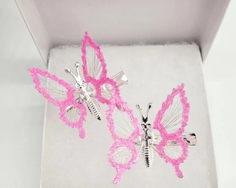 2 pink butterfly hair clips moving wings 90s nostalgic nostalgia in gift box